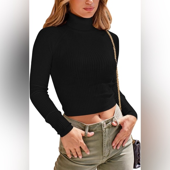 ReoRia Sweaters - Mock Turtle Neck Long Sleeve Tight Ribbed Top Crop Sweater Y2K - Medium